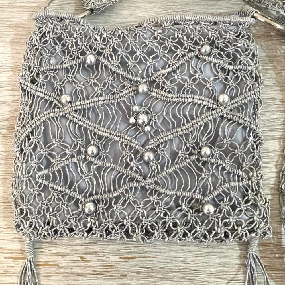 Crossbody Bag Macrame Crochet Beaded Fringe Silver Purse - Picture 5 of 9